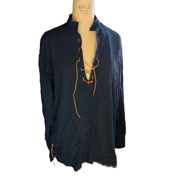LucMatton BOHO HIPPIE PEASANT LEATHER TIE LONG SLEEVE TOP RAINBOW TRIM NWT LARGE - Picture 1 of 16